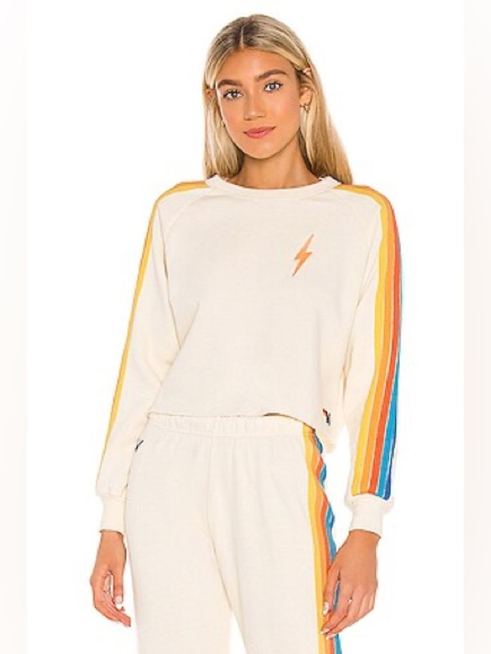 Aviator Nation Ivory Cropped Crew with Rainbow Stripe Sleeves